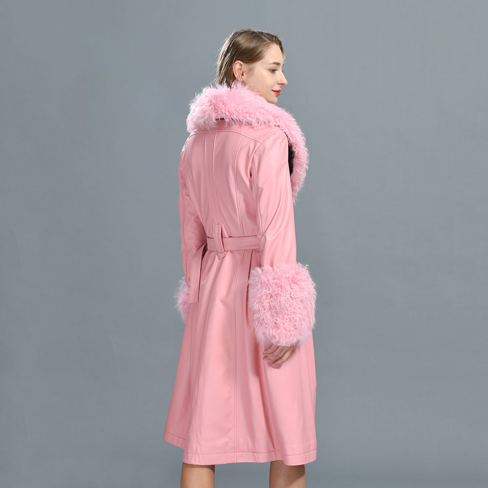 Custom Color Belt Design Genuine Leather Trench Coat With Sheep Fur