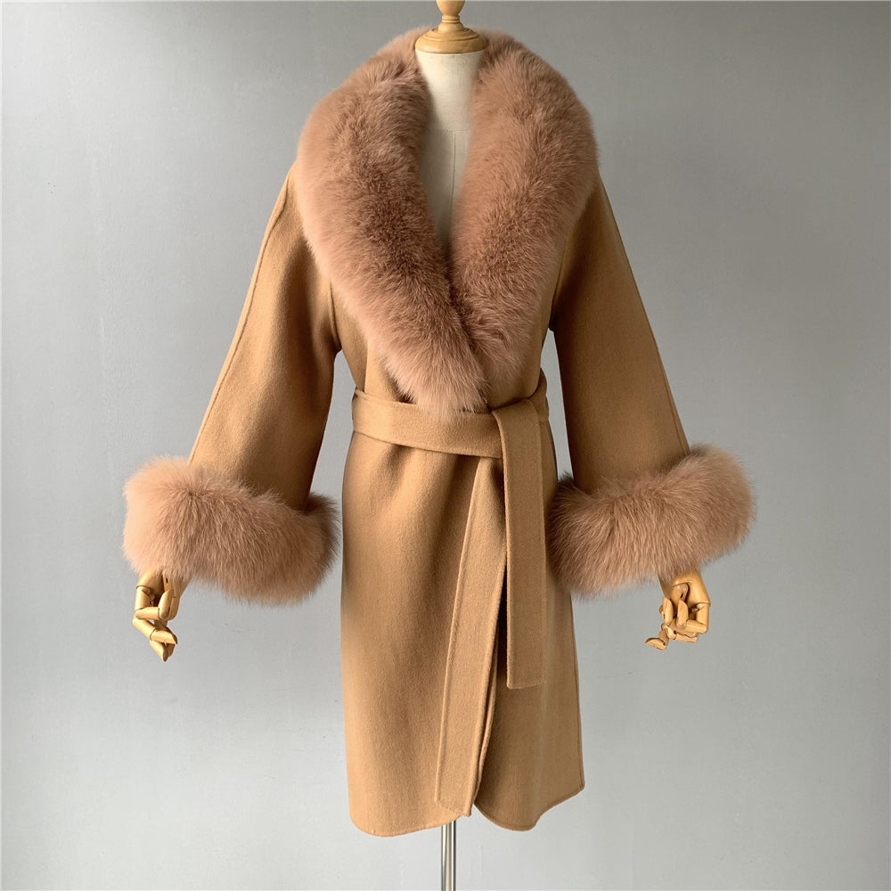 Jaxmonoy Fashionable Women Cashmere Coat With Big Real Fur Collar And Cuffs