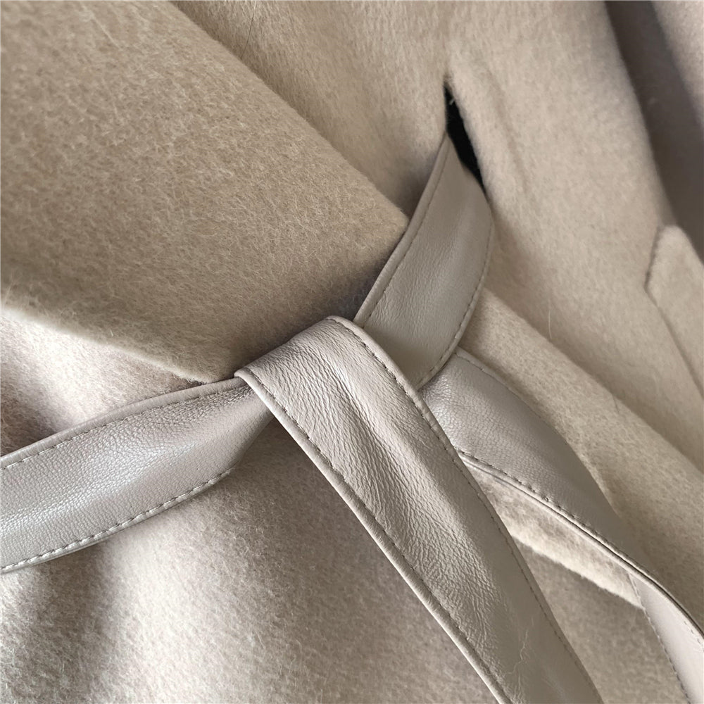 Jaxmonoy Women Cashmere Coat With Big Real Fur Collar And Sashes