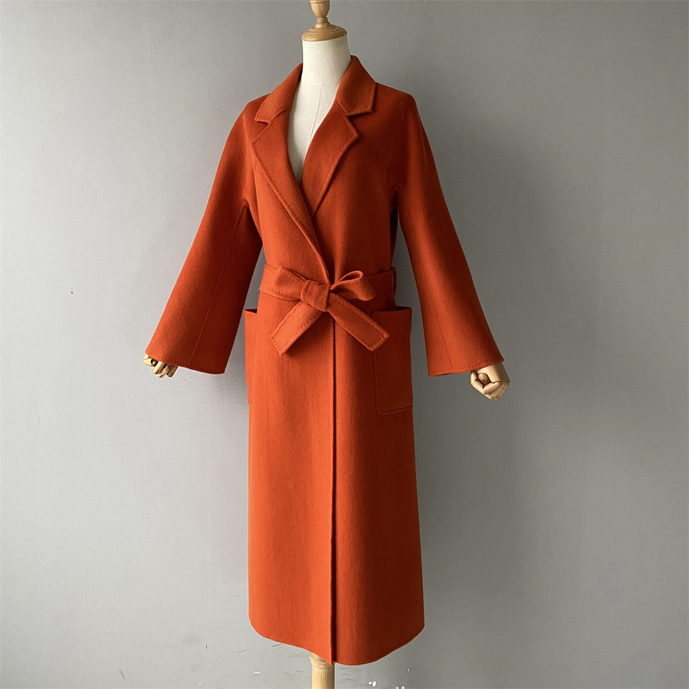 Solid Color Cashmere Coat With Big Side Pocket And Removable Belt