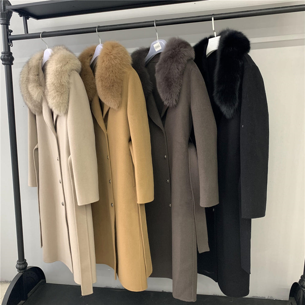 Jaxmonoy Stylish Cashmere Coat Fluffy Fox Fur Collar