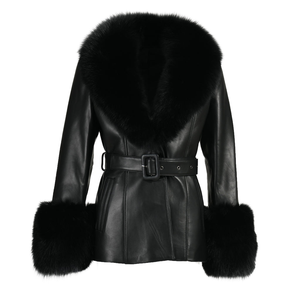 Regular Length Genuine Sheepskin Leather Coat With Real Fox Fur Collar And Cuffs Winter Women Leather Jacket Genuine