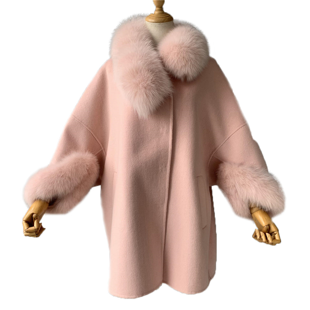 Jaxmonoy New Style Cashmere Coat With Real Fur Collar And Cuffs Woolen Overcoat