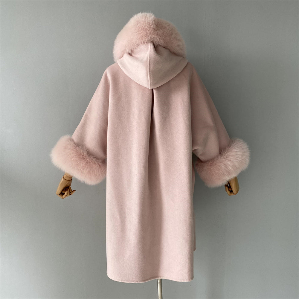 Wholesale Winter Double-sided Hooded Cashmere Coat With Real Fox Fur Collar And Belt Design Fashion Women Real Fox Fur Coat Wool