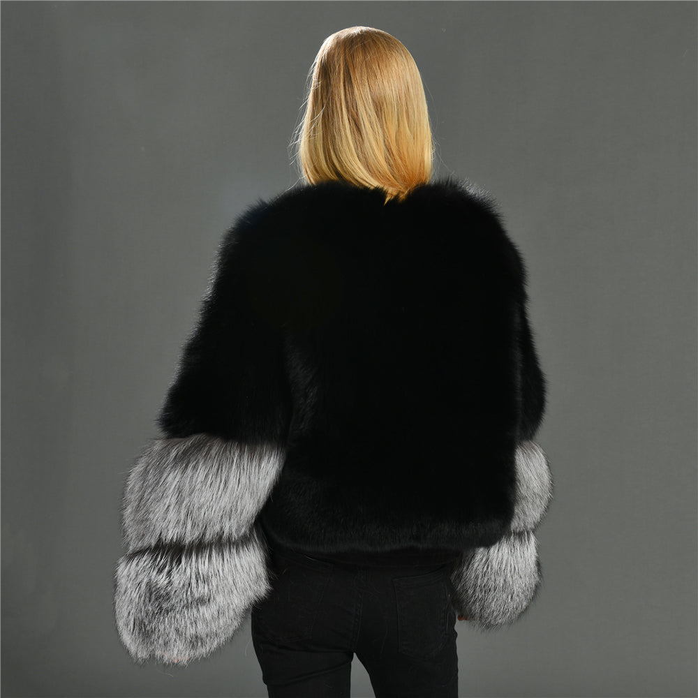 Jaxmonoy Ladies Real Fox Fur With Silver Fox Fur Coat Warm Real Fur Coat