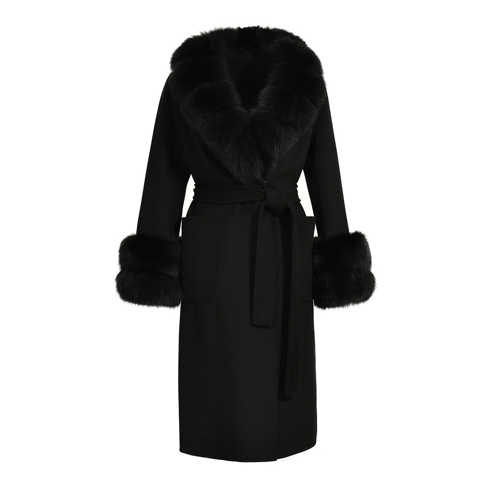 Jaxmonoy Slim Cashmere Coat Long Style Overcoat With Big Real Fur Collar And Double Cuffs