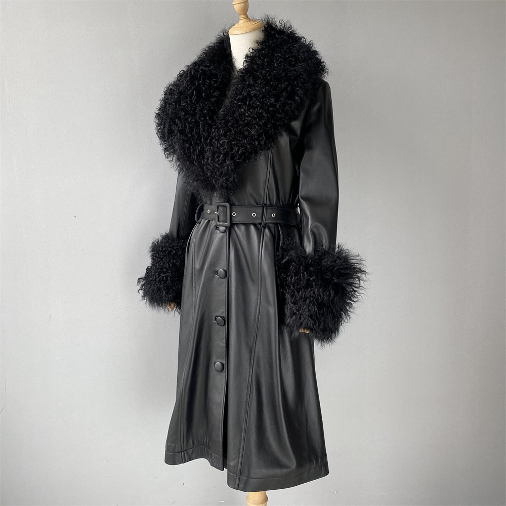 Custom Color Belt Design Genuine Leather Trench Coat With Sheep Fur