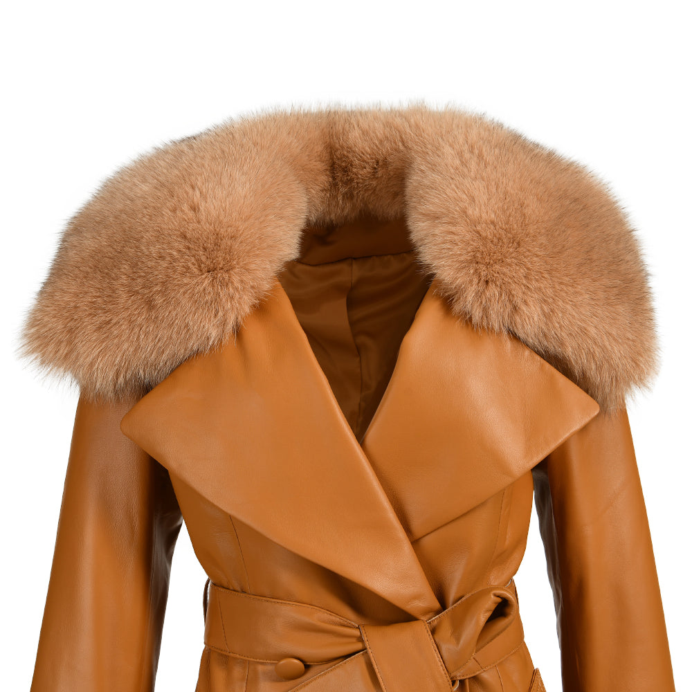 Winter Thick Warm Leather Trench Coat With Real Fox Fur Collar And Cuffs Fashion Long Genuine Leather Coat For Women