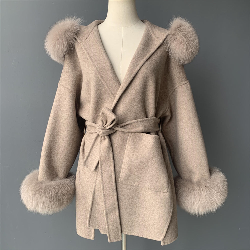 Jaxmonoy Ladies Cashmere Wool Coat Real Fox Fur Collar And Cuffs