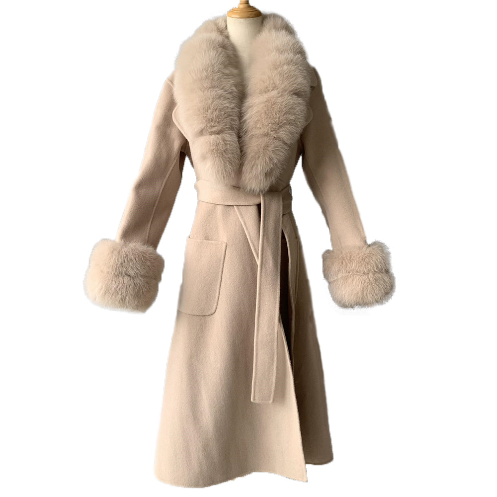 Jaxmonoy Long Cashmere Coat Big Size Real Fur Collar And Cuffs With Big Skirt