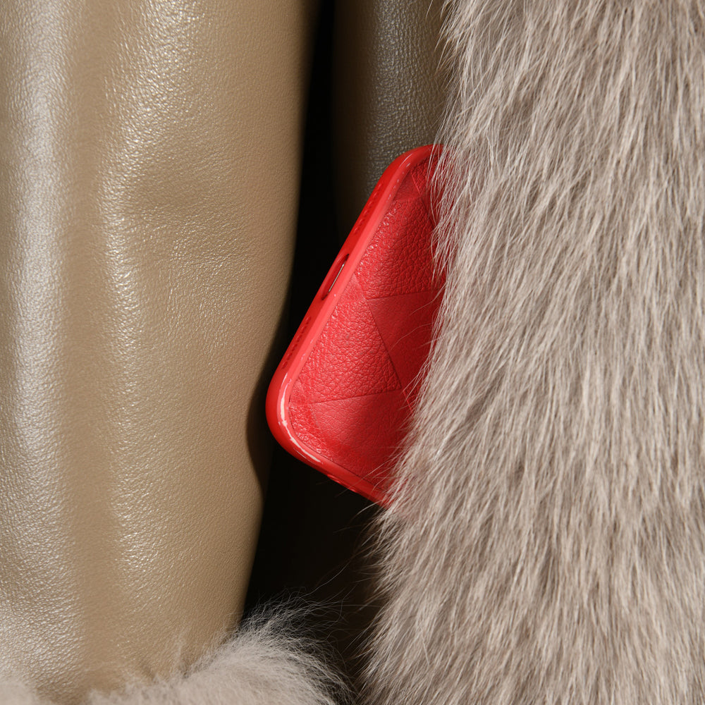Genuine Leather Jacket With Real Fox Fur V-neck Collar Spring