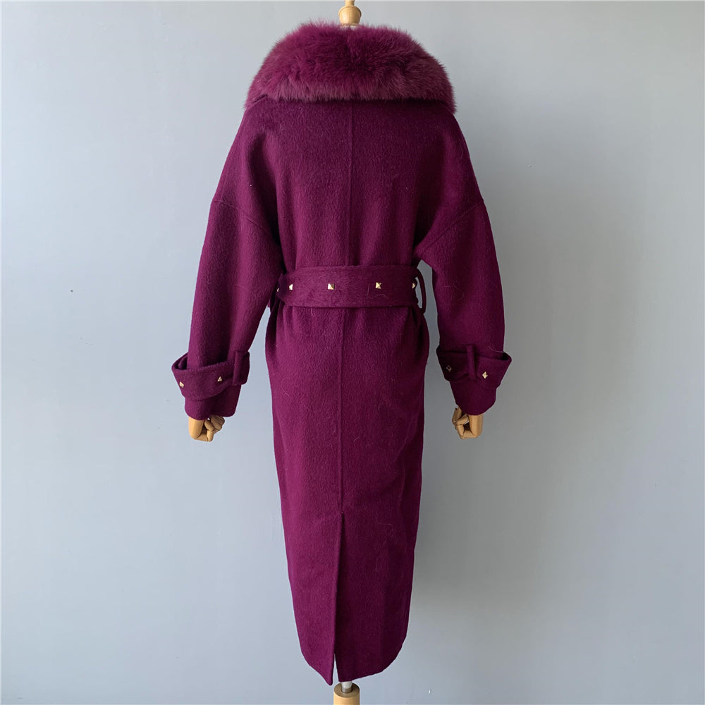 Jaxmonoy Cashmere Coat With Real Fur Collar And Rivet On The Belt