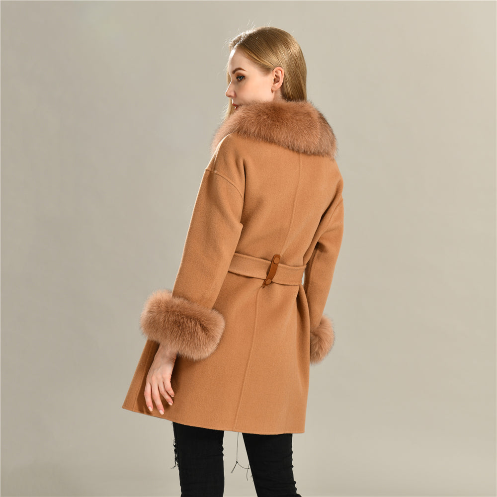 Jaxmonoy High-end Cashmere Coat With Big Real Fur Collar And Cuffs
