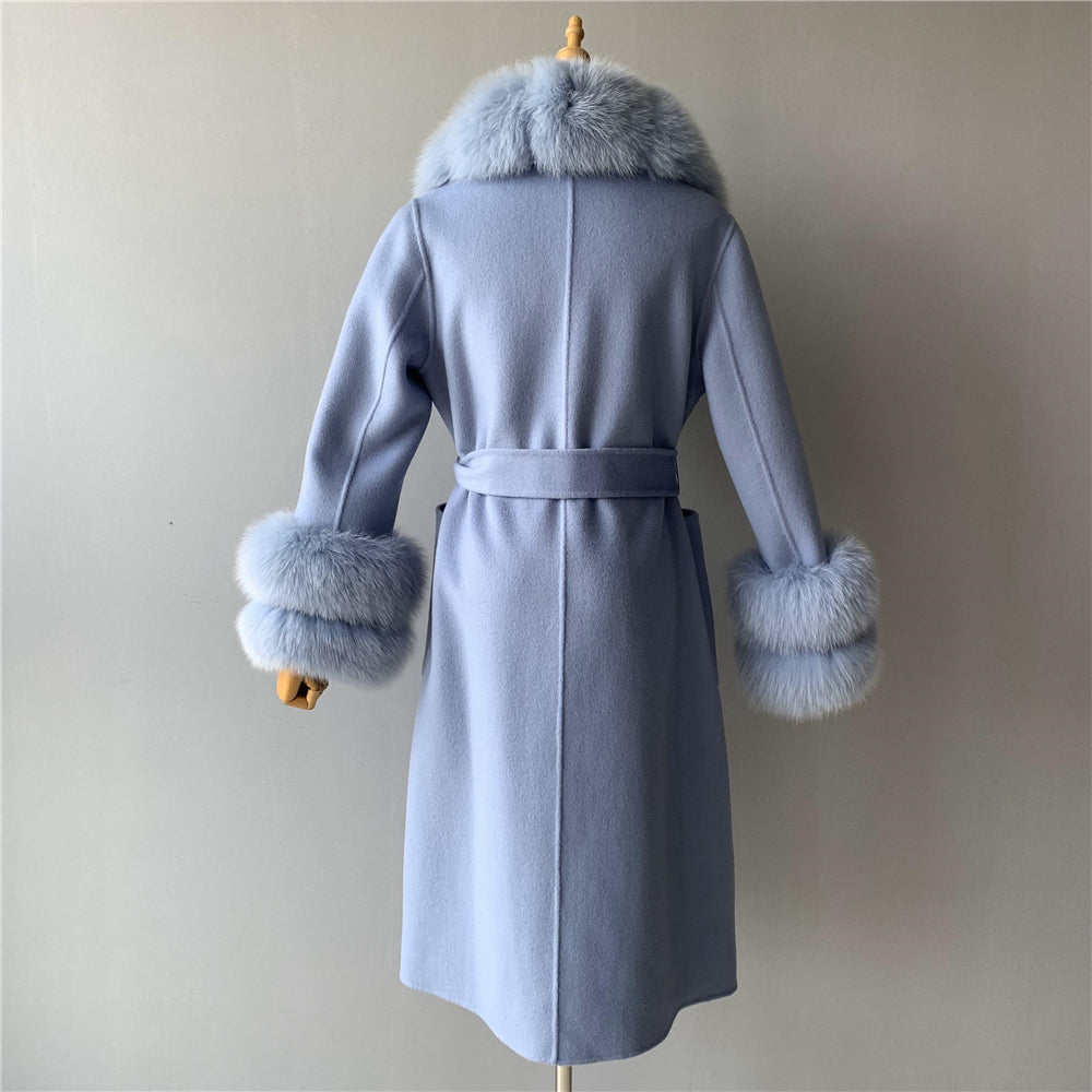 Jaxmonoy Slim Cashmere Coat Long Style Overcoat With Big Real Fur Collar And Double Cuffs