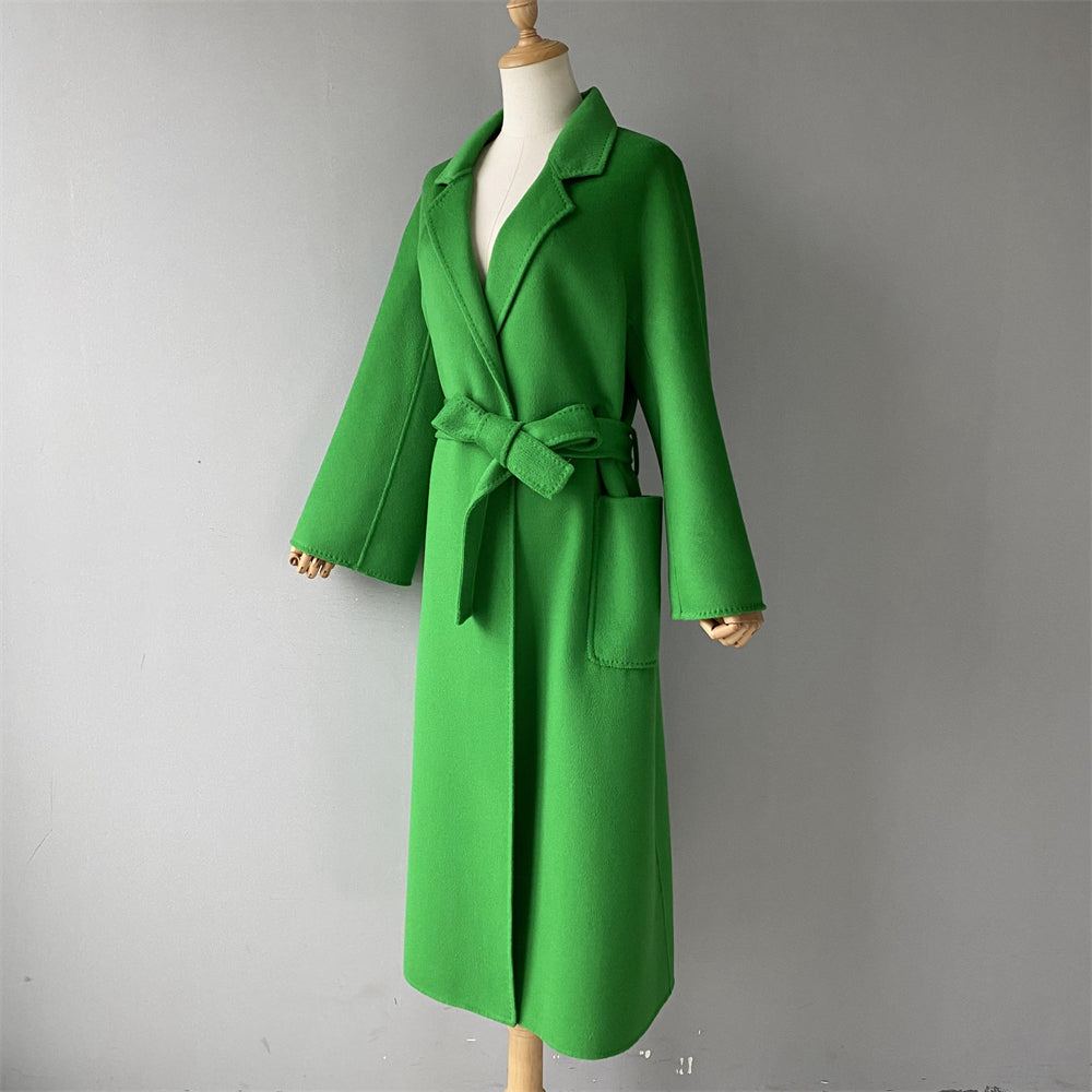 Solid Color Cashmere Coat With Big Side Pocket And Removable Belt