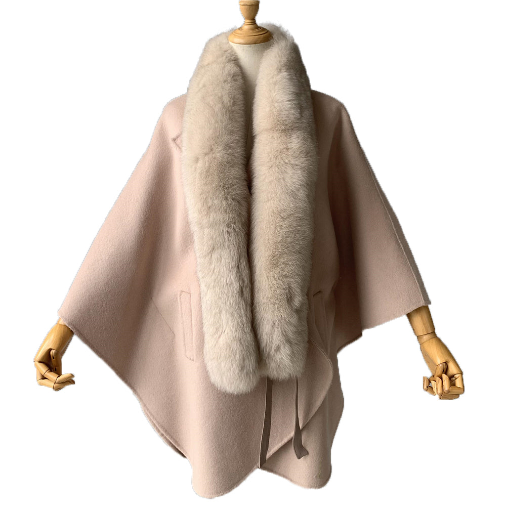 Jaxmonoy Women Cashmere Coat With Big Real Fur Collar And Sashes