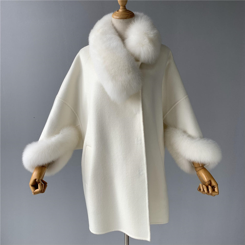 Jaxmonoy New Style Cashmere Coat With Real Fur Collar And Cuffs Woolen Overcoat