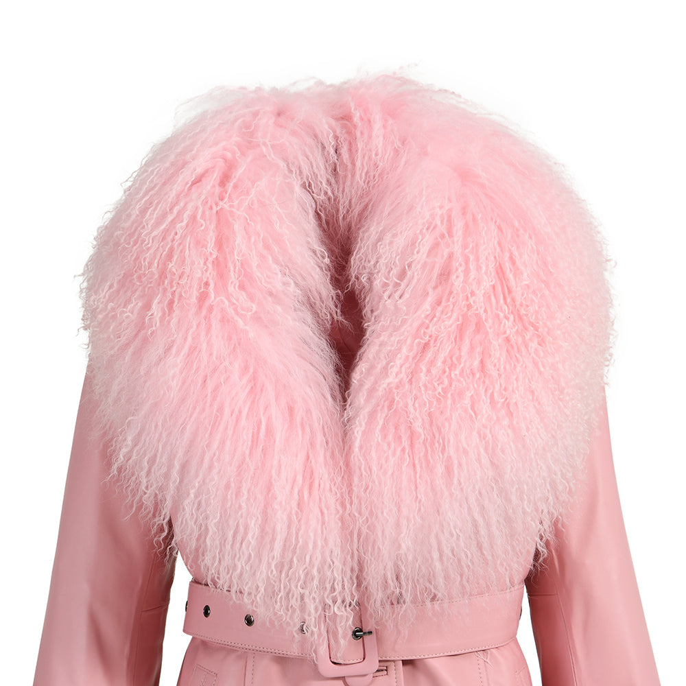 Short Length Real Leather Coat With Fluffy Mongolian Fur Collar And Cuffs