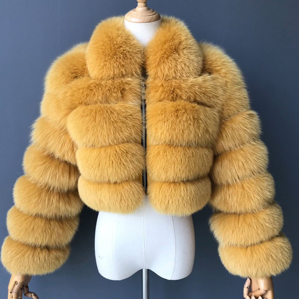 Jaxmonoy Real Fox Fur Coat With Square Fur Collar