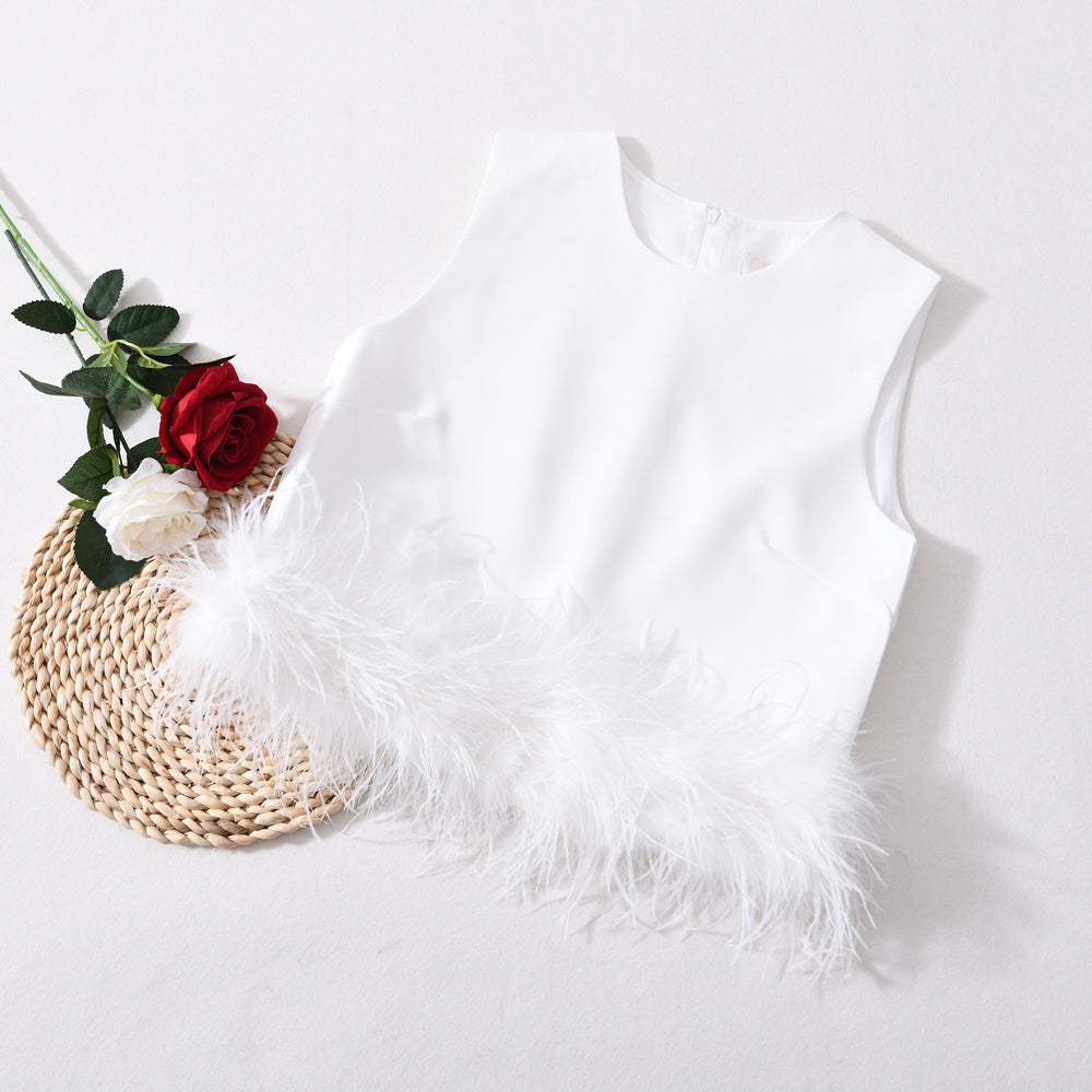 Sleeveless Feather Crop Vest Ladies Tank Tops Custom Patchwork Chiffon Women Ostrich Feather Top