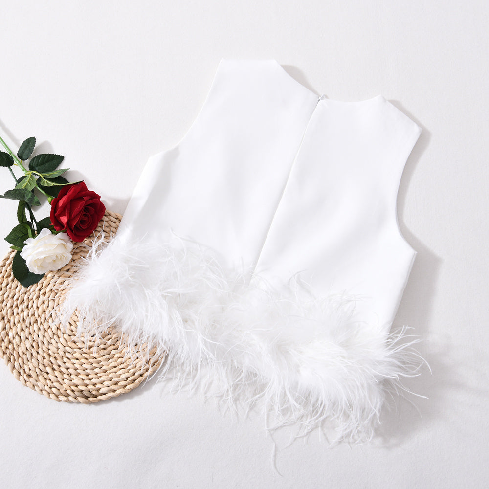 Sleeveless Feather Crop Vest Ladies Tank Tops Custom Patchwork Chiffon Women Ostrich Feather Top