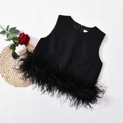 Sleeveless Feather Crop Vest Ladies Tank Tops Custom Patchwork Chiffon Women Ostrich Feather Top
