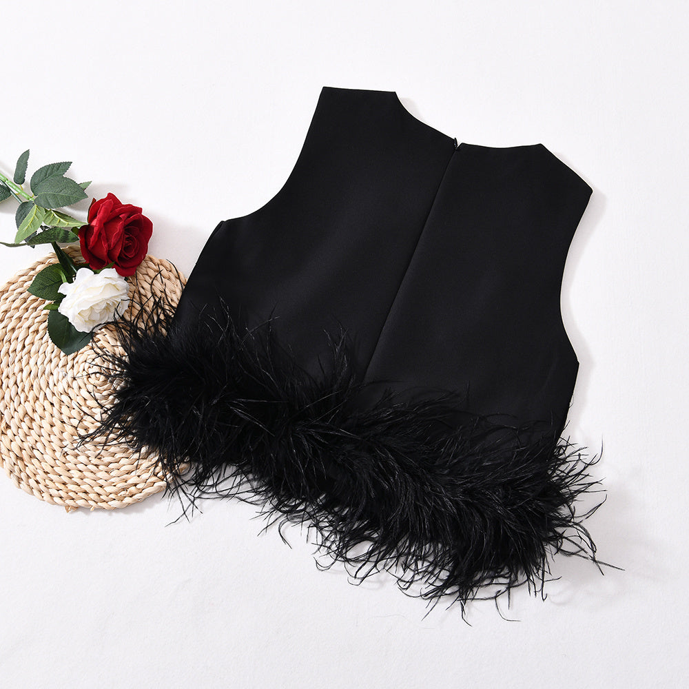 Sleeveless Feather Crop Vest Ladies Tank Tops Custom Patchwork Chiffon Women Ostrich Feather Top