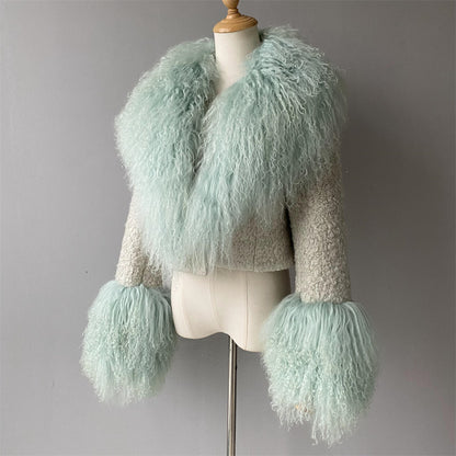 Thick Warm Long Sleeves Sheep Fur Short Style Autumn Big Luxury Lamb Fur Collar