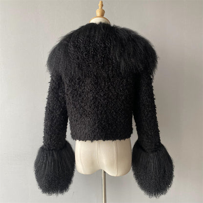 Thick Warm Long Sleeves Sheep Fur Short Style Autumn Big Luxury Lamb Fur Collar