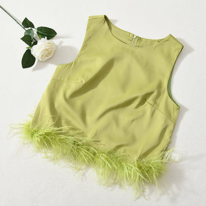Sleeveless Feather Crop Vest Ladies Tank Tops Custom Patchwork Chiffon Women Ostrich Feather Top