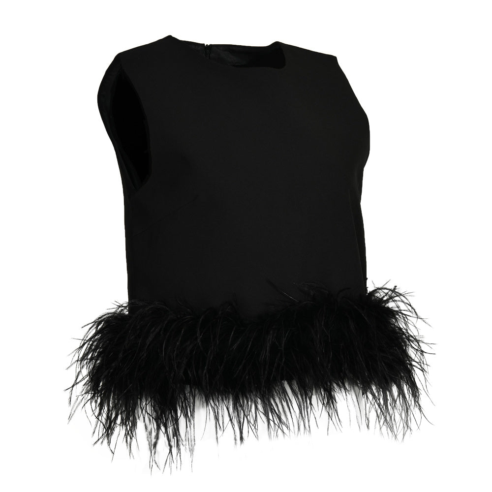 Sleeveless Feather Crop Vest Ladies Tank Tops Custom Patchwork Chiffon Women Ostrich Feather Top