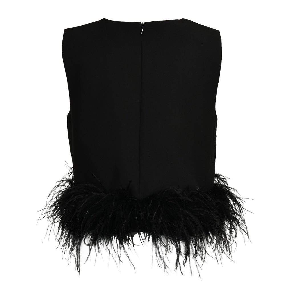 Sleeveless Feather Crop Vest Ladies Tank Tops Custom Patchwork Chiffon Women Ostrich Feather Top