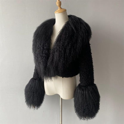 Thick Warm Long Sleeves Sheep Fur Short Style Autumn Big Luxury Lamb Fur Collar
