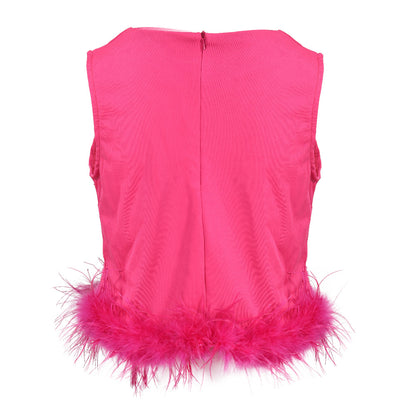 Sleeveless Feather Crop Vest Ladies Tank Tops Custom Patchwork Chiffon Women Ostrich Feather Top