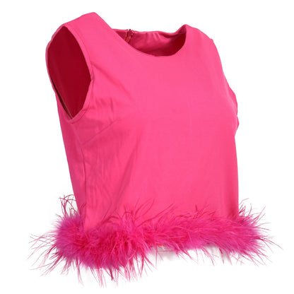 Sleeveless Feather Crop Vest Ladies Tank Tops Custom Patchwork Chiffon Women Ostrich Feather Top