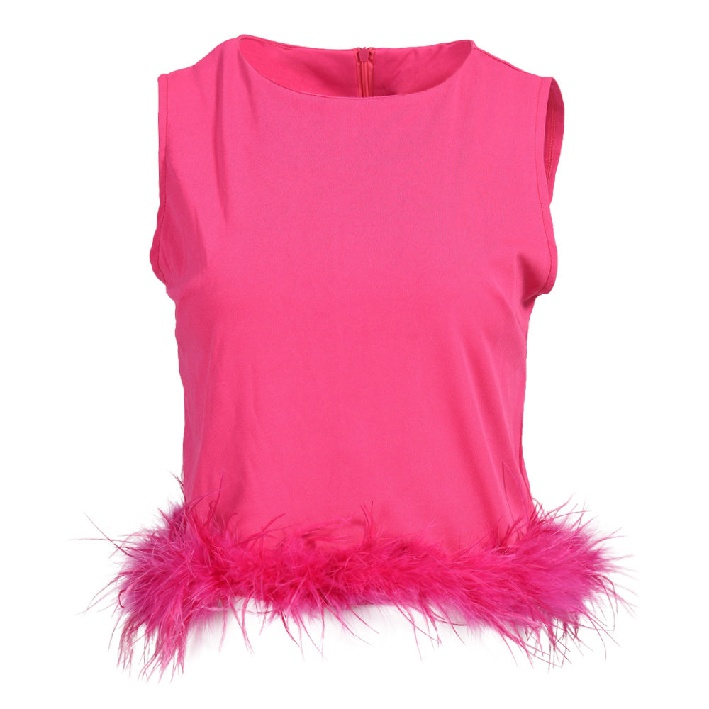 Sleeveless Feather Crop Vest Ladies Tank Tops Custom Patchwork Chiffon Women Ostrich Feather Top