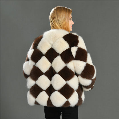 Jaxmonoy Female Two-color Stitching Minimalistic Ladies Real Fox Fur Coat
