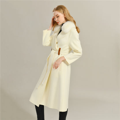 Jaxmonoy Long Style Cashmere Coat With Turn-down Real Fur Collar