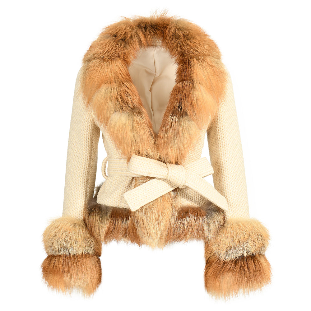Jaxmonoy Winter Warm Short Style Cashmere Coat With Real Big Fox Fur Collar