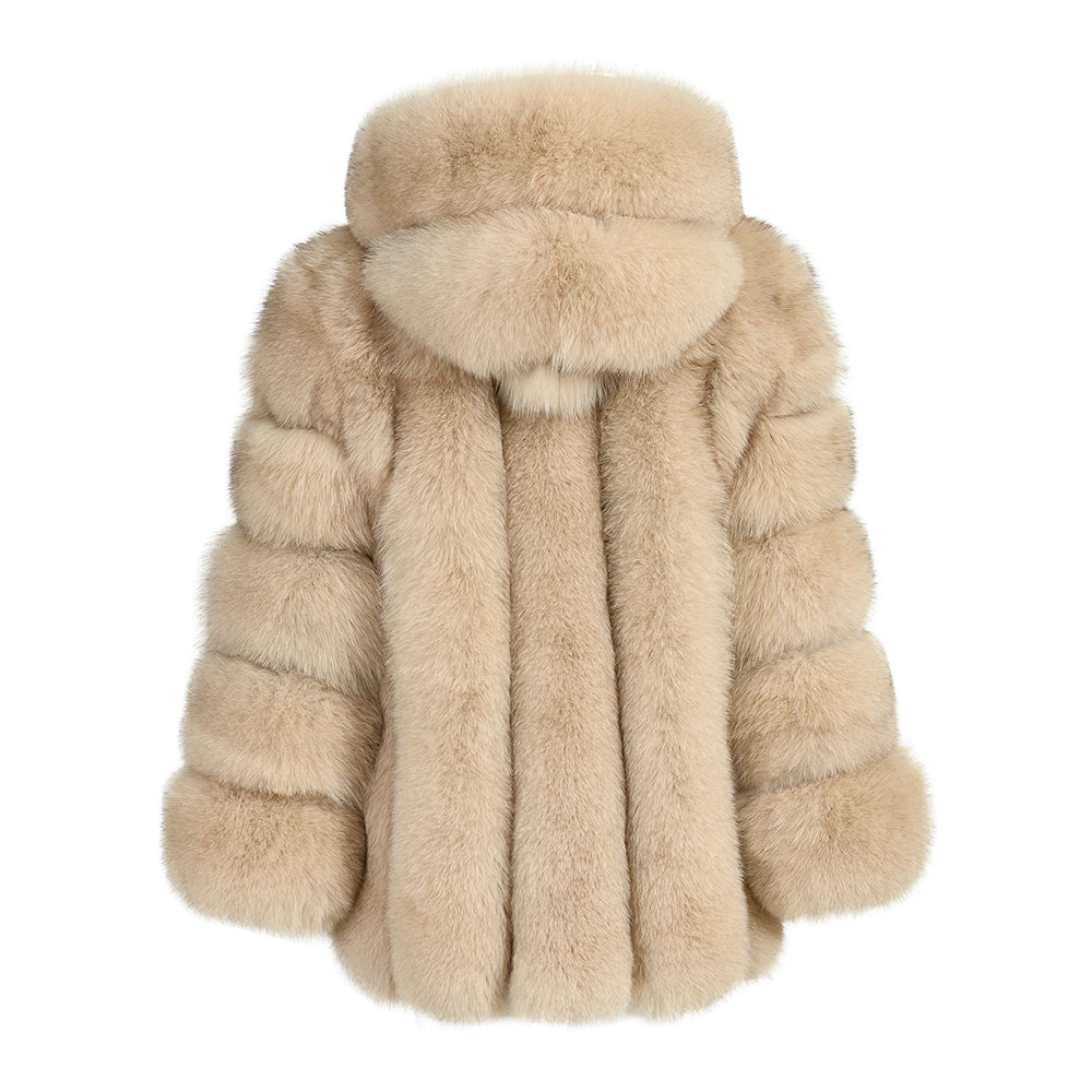 Fashion Ladies Long Sleeves Fluffy Real Fox Fur Coat With Fur Hood
