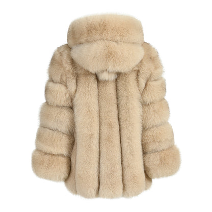 Fashion Ladies Long Sleeves Fluffy Real Fox Fur Coat With Fur Hood