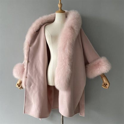 Wholesale Winter Double-sided Hooded Cashmere Coat With Real Fox Fur Collar And Belt Design Fashion Women Real Fox Fur Coat Wool