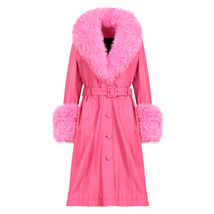 Custom Color Belt Design Genuine Leather Trench Coat With Sheep Fur
