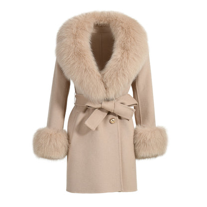 Regular Length Wool Coat With Luxury Fox Fur Collar And Cuffs Women Double-sided Cashmere Coats With Fur New