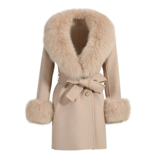 Regular Length Wool Coat With Luxury Fox Fur Collar And Cuffs Women Double-sided Cashmere Coats With Fur New