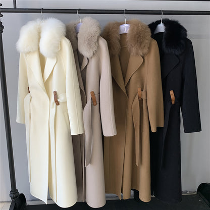 Jaxmonoy Long Style Cashmere Coat With Turn-down Real Fur Collar