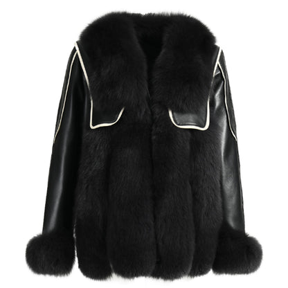 Genuine Leather Jacket With Real Fox Fur V-neck Collar Spring