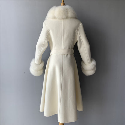 Jaxmonoy Long Cashmere Coat Big Size Real Fur Collar And Cuffs With Big Skirt