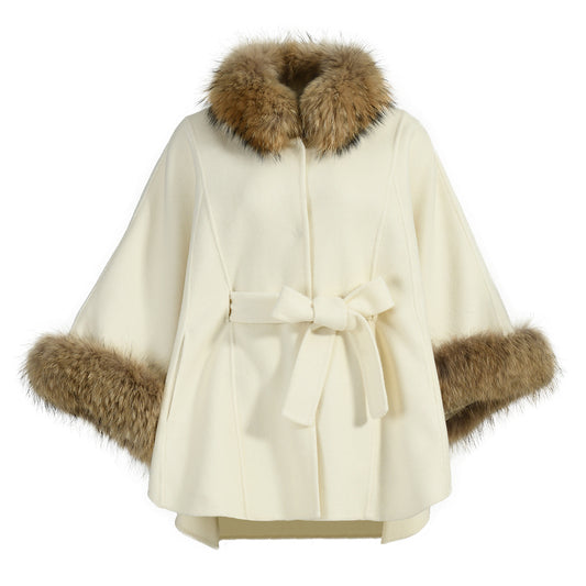 Cashmere Wool Coat With Real Raccoon Fur Collar And Cuffs Women