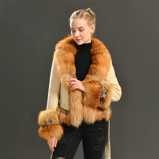 Jaxmonoy Winter Warm Short Style Cashmere Coat With Real Big Fox Fur Collar